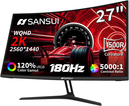 SANSUI 27 Inch WQHD 2560X1440 Curved Gaming Monitor, 180Hz MPRT 1ms Computer Monitor,HDMI2.0 * 2, DP1.2 * 2, Freesync, Curved 1500R, 5000:1 Contrast Ratio, 120% sRGB,HDR(ES-G27C1Q DP Cable Included)