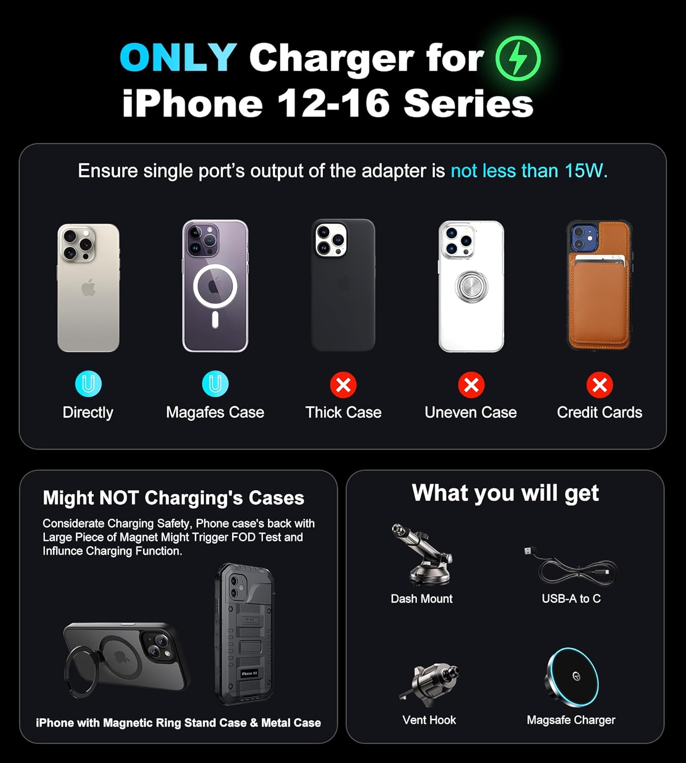 for Mag-Safe Car Mount Charger Dash Vent Windshield Wireless Car Charger with LED Light, Strong Magnetic Phone Holder for Car for iPhone 16 15 14 13 12 Series(Cyan)