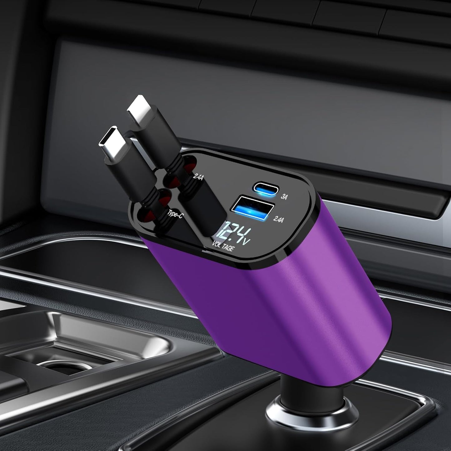 Retractable Car Charger Compatible with Galaxy Pixel, 4 in 1 Fast Charging 60W, Retractable Phone Charger for Car Retractable Cable and 2 USB Ports