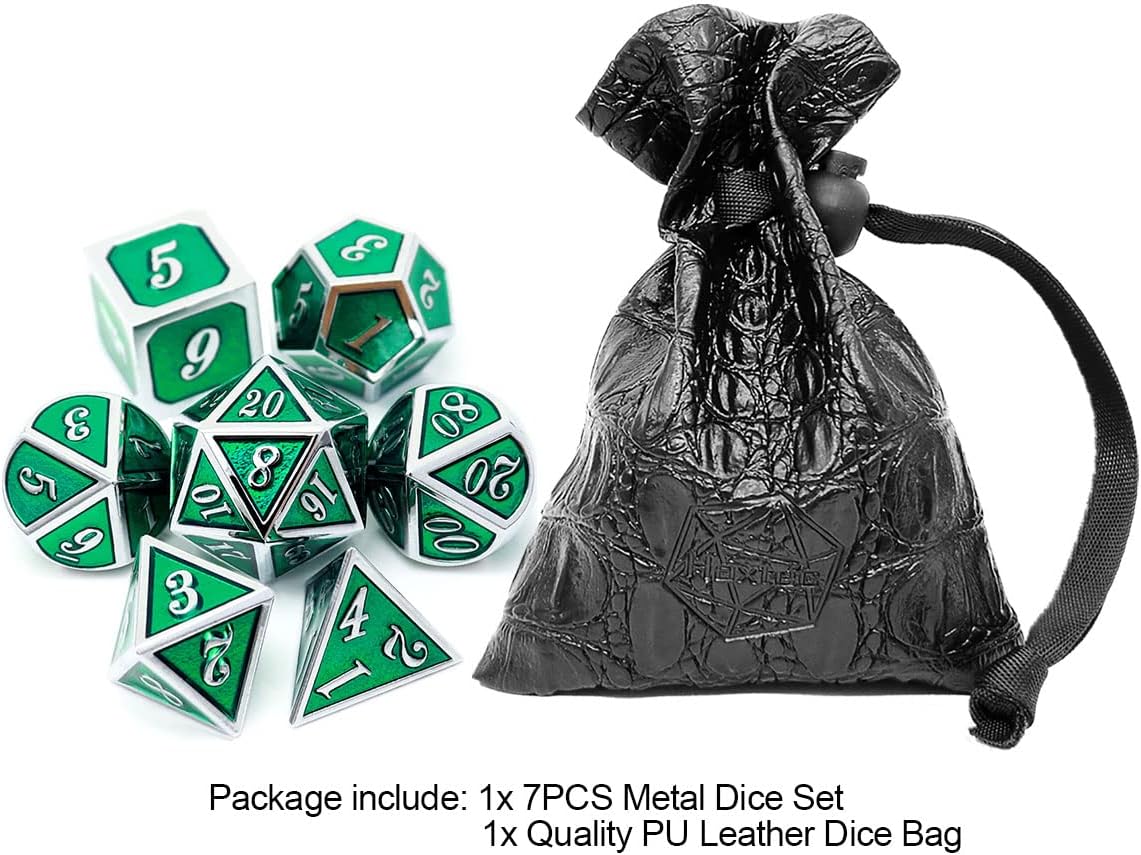 Haxtec 7 Die Metal DND Dice Set Green Elven Goblin D&D Dice Set Compatible with Dungeons and Dragons RPG Gaming-Silver Emerald Green Elvish Dice