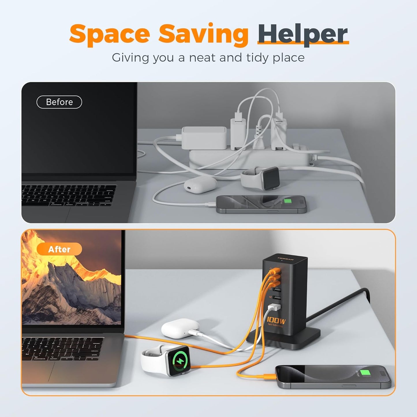 USB C Charger Blcok PD 100W, TESSAN 6-in-1 Charging Station for Multiple Devices, Desktop Tower Charger with 6 USB Ports for iPhone 16/15, MacBook, Tablet, Office Home Dorm Room Accessories