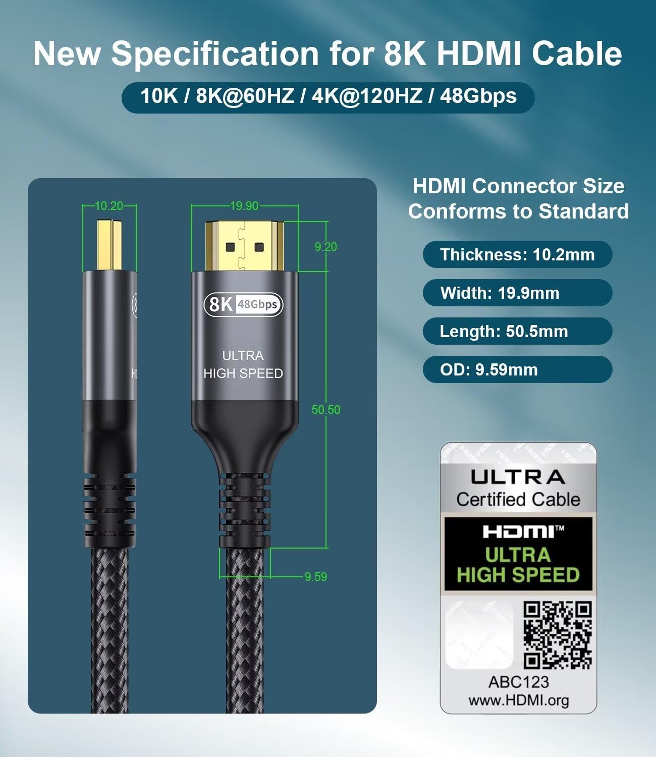 Certified 10K 8K HDMI 2.1 Cable 10 FT, 48Gbps Ultra High Speed HDMI Cable with Ethernet 4K 240Hz 165Hz 144Hz 120Hz 8K60Hz eARC HDCP2.3 HDR10+ PC Laptop TV Monitor Projector