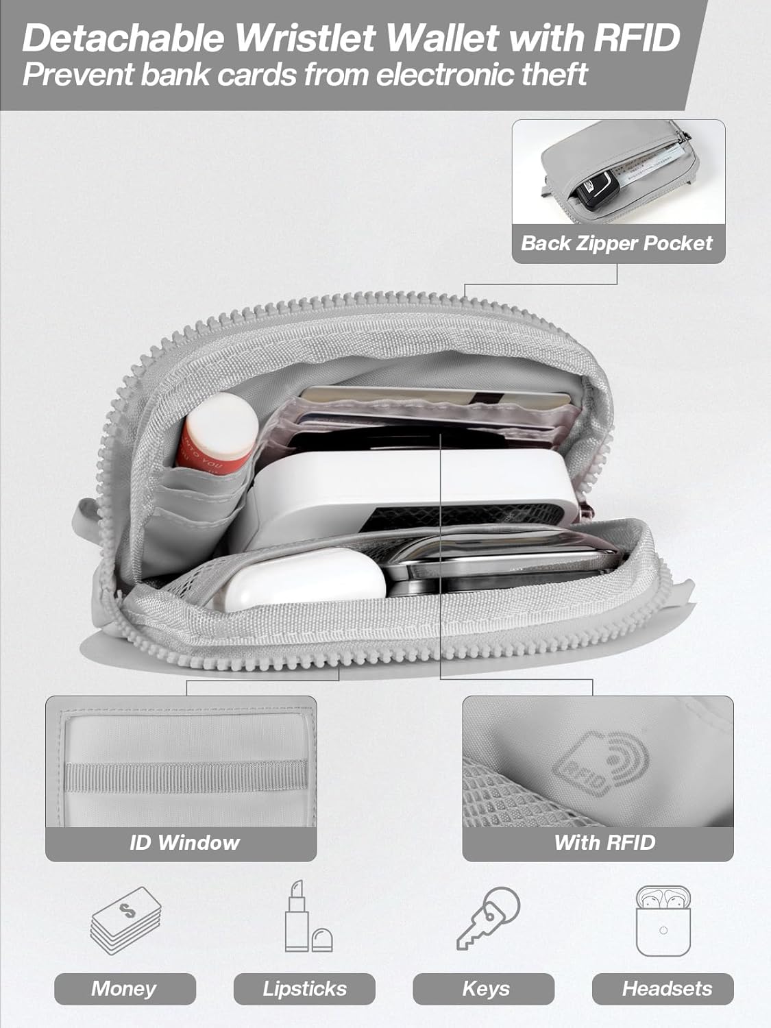 Clip and Go Strap for Phone with Wallet Crossbody Phone Lanyard Adjustable and Detachable RFID Wristlet Wallet with ID Window and Zipper, Grey