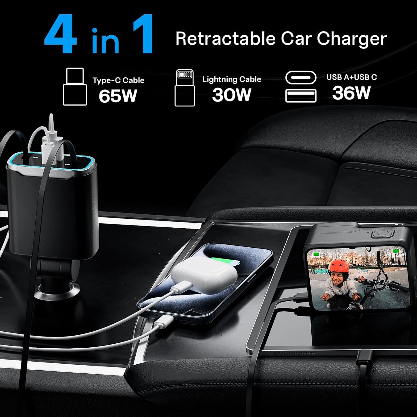 iPhone Car Charger, 4 in 1 Retractable Fast Car Phone Charger Adapter 131W, Retractable Cables (31.5 inch) & 2 USB Ports for iPhone 16/15/14/13/12/11 Pro/Samsung
