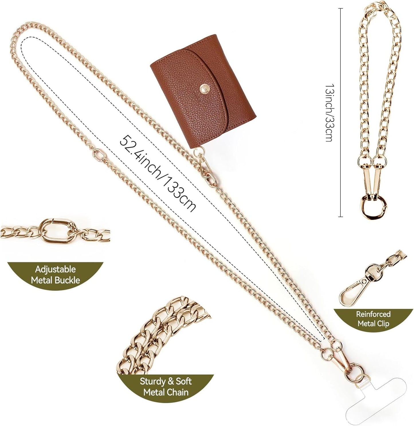 Clip and Go Strap for Phone with Wallet Metal Gold Chain Crossbody Phone Lanyard for Women Adjustable Detachable Wristlet Charm Small Purse Leather Card Holder Zipper with iPhone Stand 2 Patches Brown