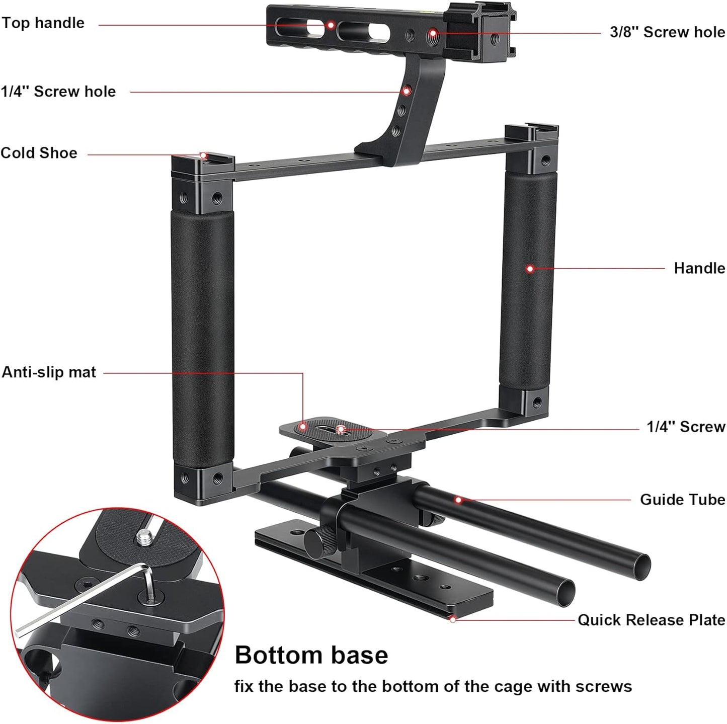 Universal Aluminum Alloy DSLR Mirrorless Camera Camcorder Stabilizer Extension Cage Mount for Mic Monitor Light, Movie Making Rig YouTube Tiktok Vlogging Video Kit w/Phone Holder for Canon Sony Nikon
