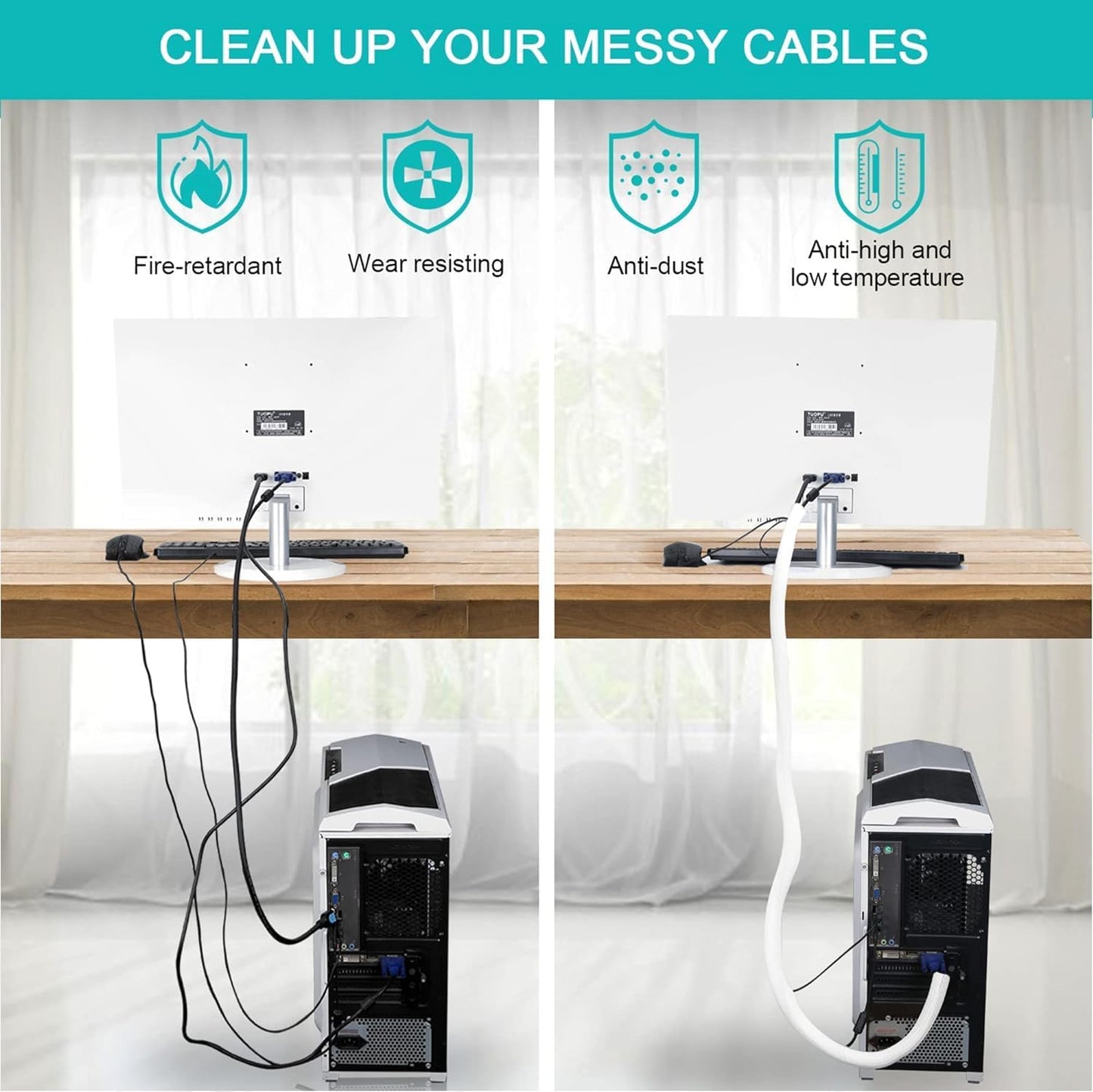 2 Pack 5ft - 1 inch White Cable Sleeve, Cable Organizer for Desk PC TV Computer, Wire Protector Cable Wrap Cover, Cord Management for Home Office