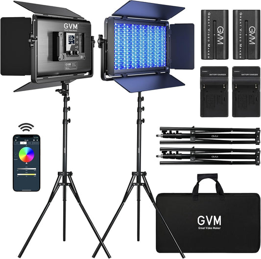 GVM 1500D RGB LED Video Light with Battery, 75W Video Lighting Kit with Bluetooth Control, 2 Packs Led Panel Light for Photography, YouTube Studio, Video Shooting, Conference,1128 Led Beads