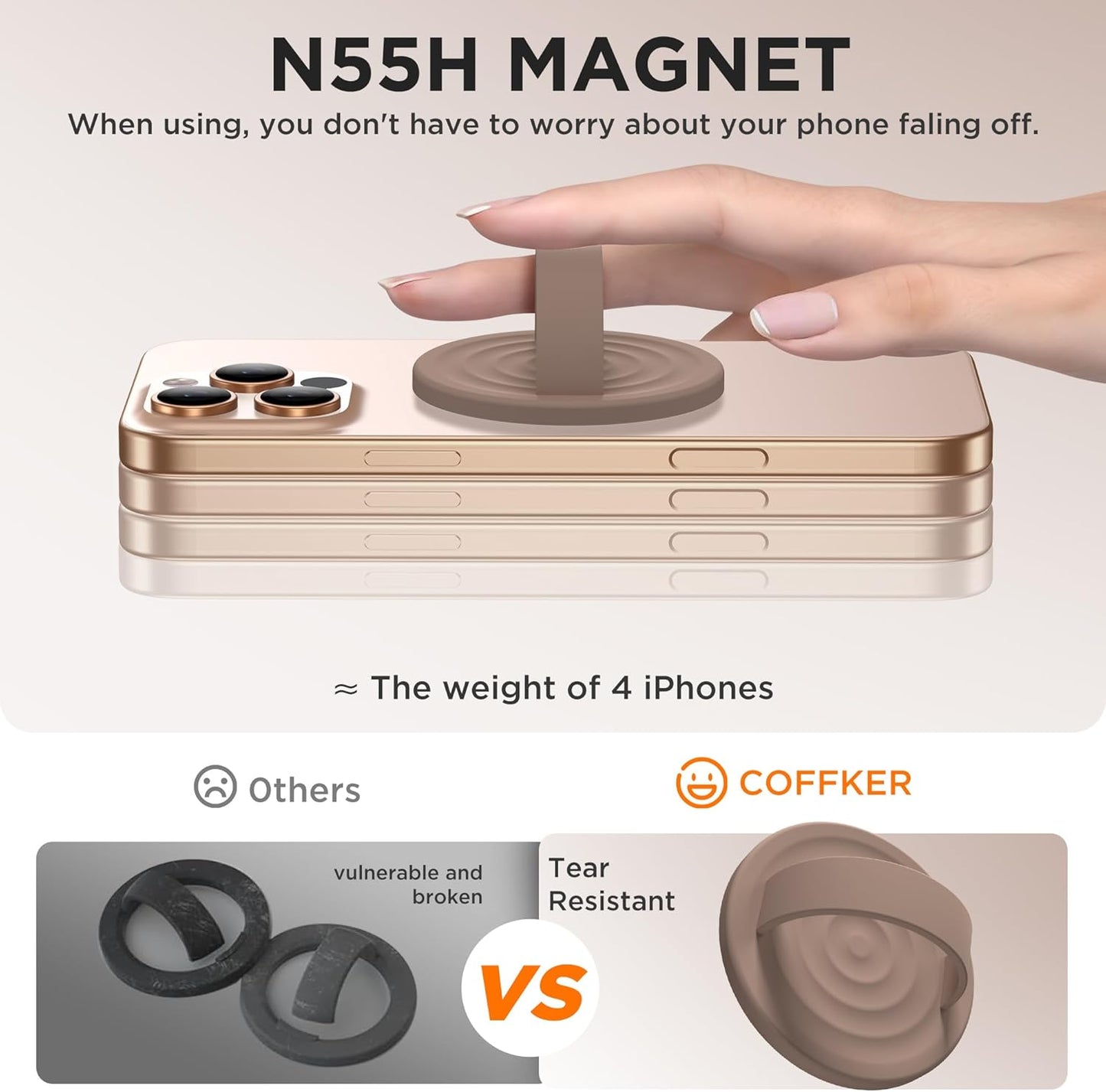 Magnetic Phone Ring Grip Holder, Silicone Finger Loop Grip, Compatible with MasSafe, Back of Phone for iPhone Pro Max/Plus/16/15/15/14/13/12 Series, Light Brown