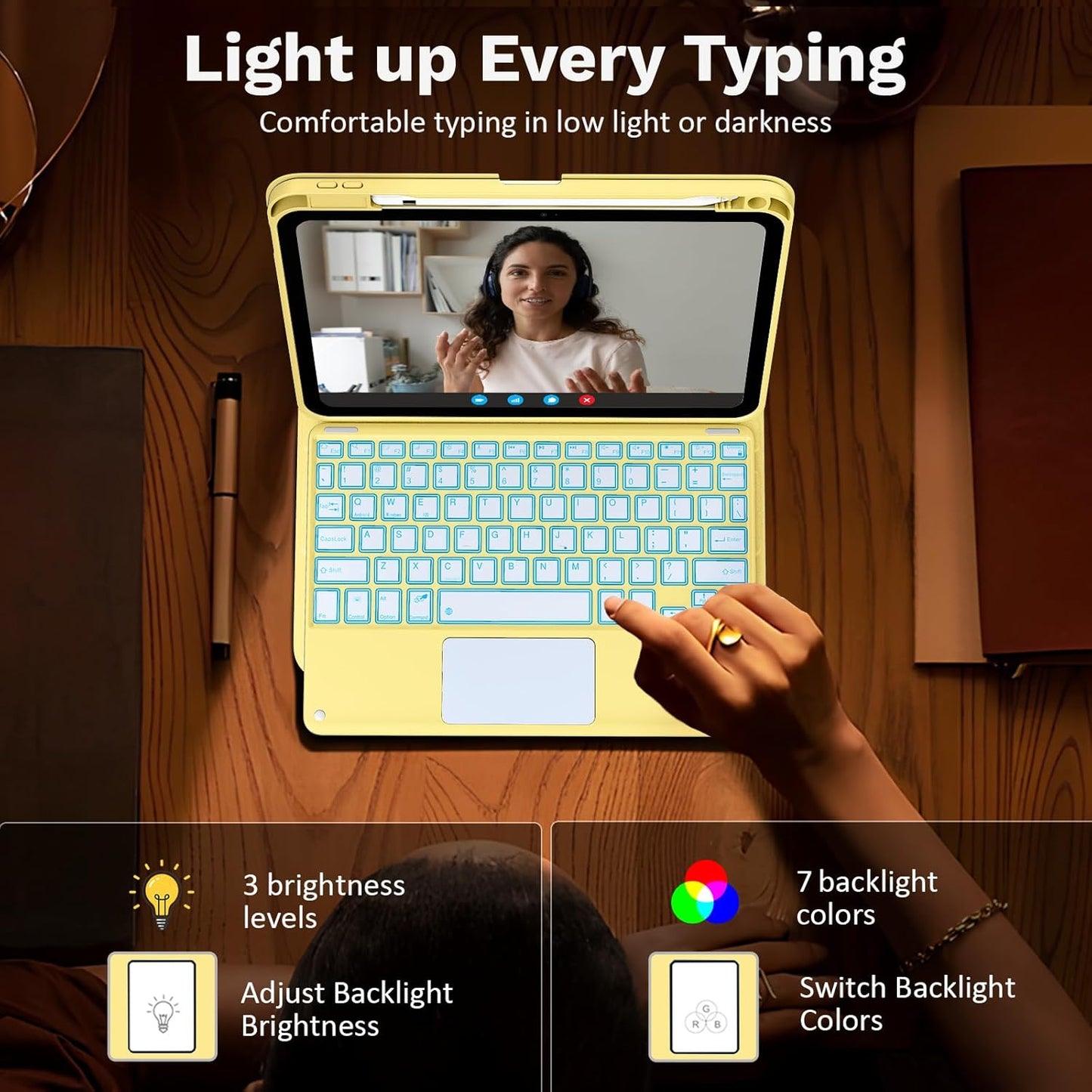 MoKo Touch Keyboard Case for iPad (A16) 11th Generation 11 inch 2025, iPad 10th Generation 10.9 inch Case with Pencil Holder, 7 Colors Backlit Multi-TrackPad Detachable Bluetooth Keyboard,Light Yellow