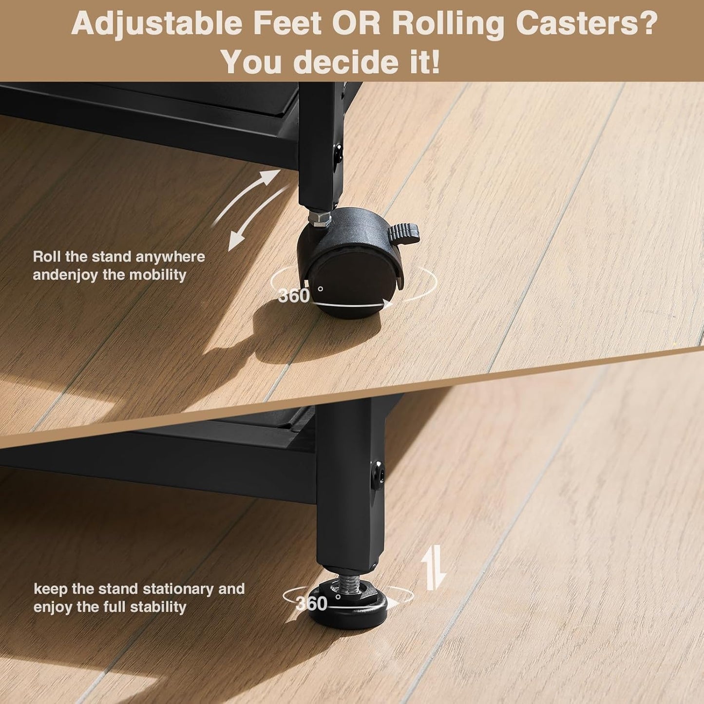 Lauren&Harold 34'' Printer Stand with Power Outlets & USB Ports, 3-Tier Adjustable Rolling Cart, Heavy Duty 150LBS Storage Table with Wheels for Office, Kitchen, Living Room, Grey/Black