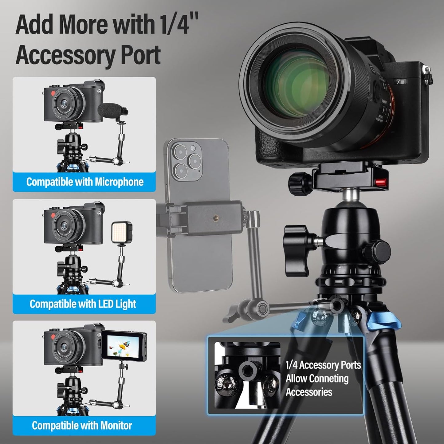 SIRUI AM203 Mini Travel Tripod with 360° B00K Ball Head, Lightweight Aluminum Tripod for Travel and Tabletop Use, Max Load 20lbs/10KG, Folded Height 11.4”, Max Height 16.7”