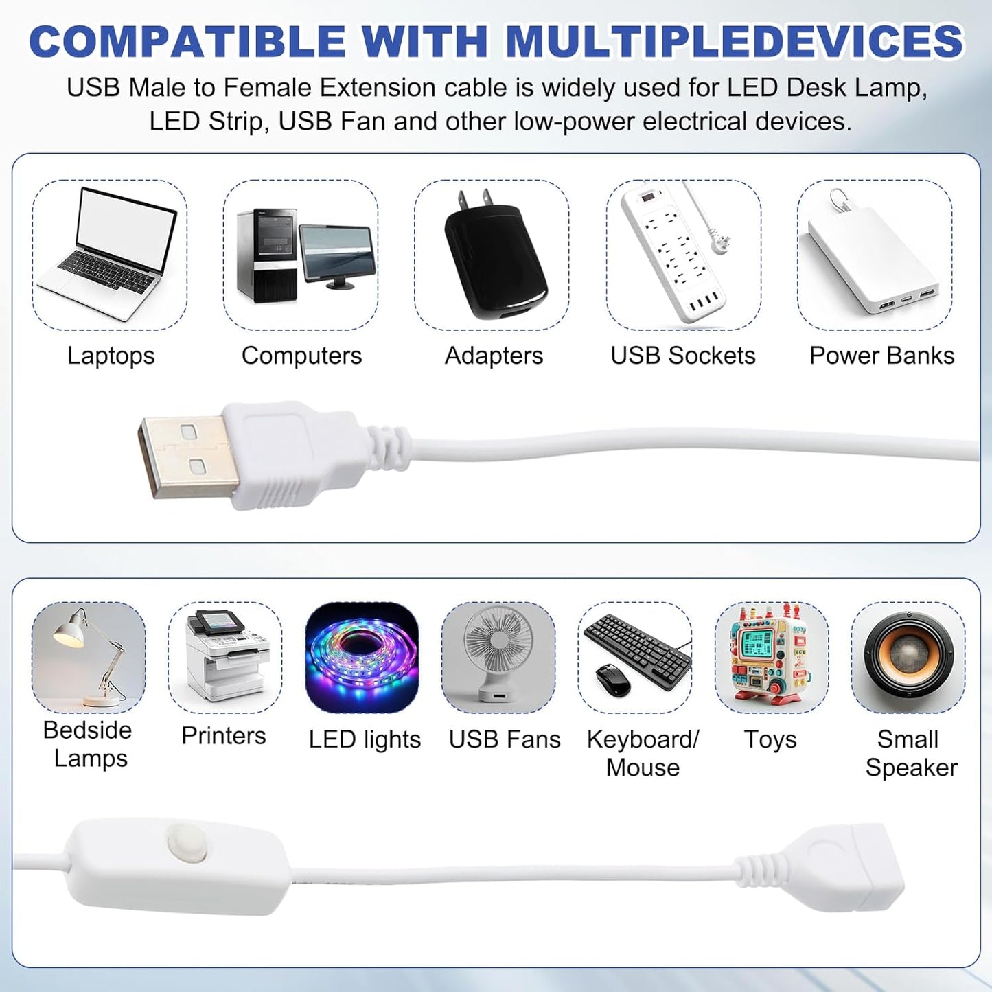 MECCANIXITY USB Extension Cable with ON/Off Button Switch 2m USB Male to Female Extension Cord for Desk Lamp Fan LED Light Strip White Pack of 1