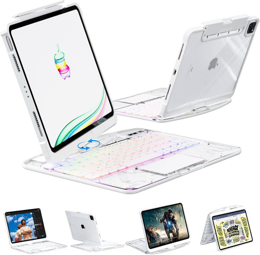 KARTICE Transparent 360 for iPad Keyboard case with Wireless Keyboard for iPad 7/8/9th 10.2 inch, Multi-Touch Trackpad, 7 Color Backlight, 360° Rotating Stand with Pencil Holder