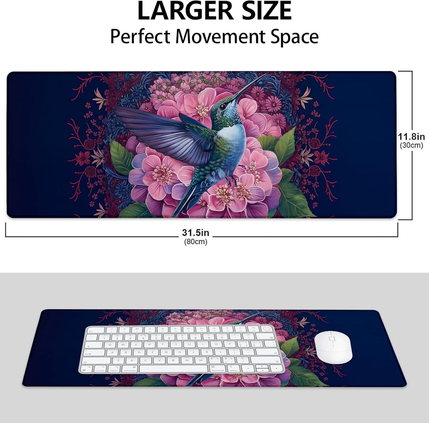 Floral and Hummingbird Large Mouse Pad, Gaming Mouse Pad, Keyboard Mat, Non-Slip Rubber Base, Office Accessories, Desk Mat, MousePads for School, Work, Home Decor Gifts 31.5" x 11.8"