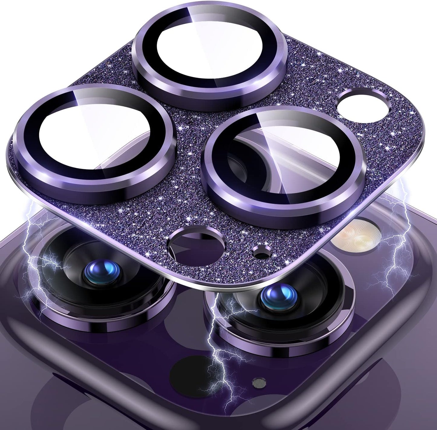 Uyiton for iPhone 14 Pro/iPhone 14 Pro Max Camera Lens Protector, [Drop Protection] 9H Tempered Glass Camera Cover screen Metal Ring Case Friendly Scratch Resistant Easy to Install - Glitter Purple