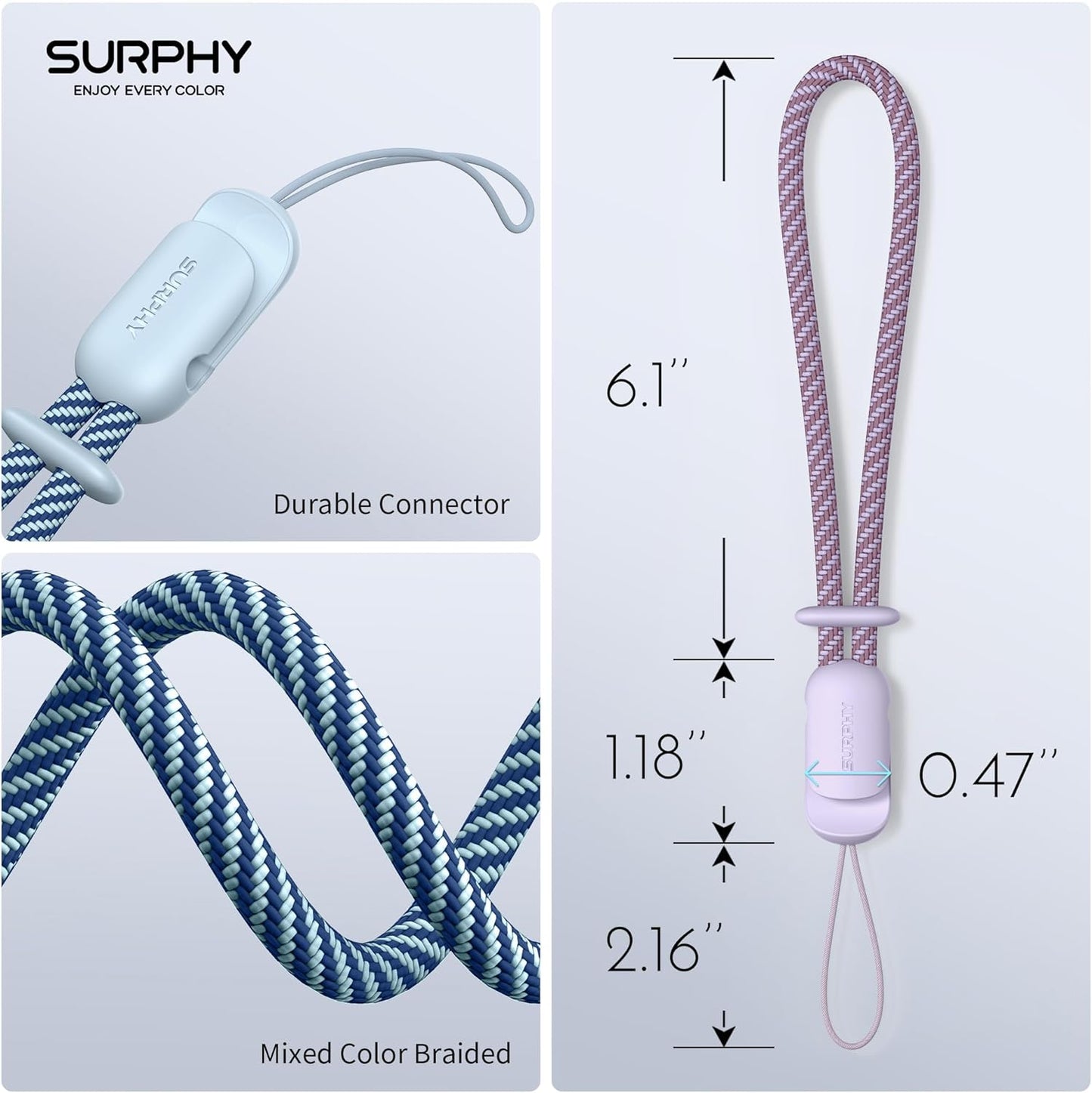 SURPHY 2 Pack Phone Lanyard for Cellphone Case, Phone Wrist Strap for Case, Cellphone Strap with 2-Color Braided, Charm Wrist Lanyard for Women, Cellphone Wrist Lanyard for Women, Lilac & Cloud Blue