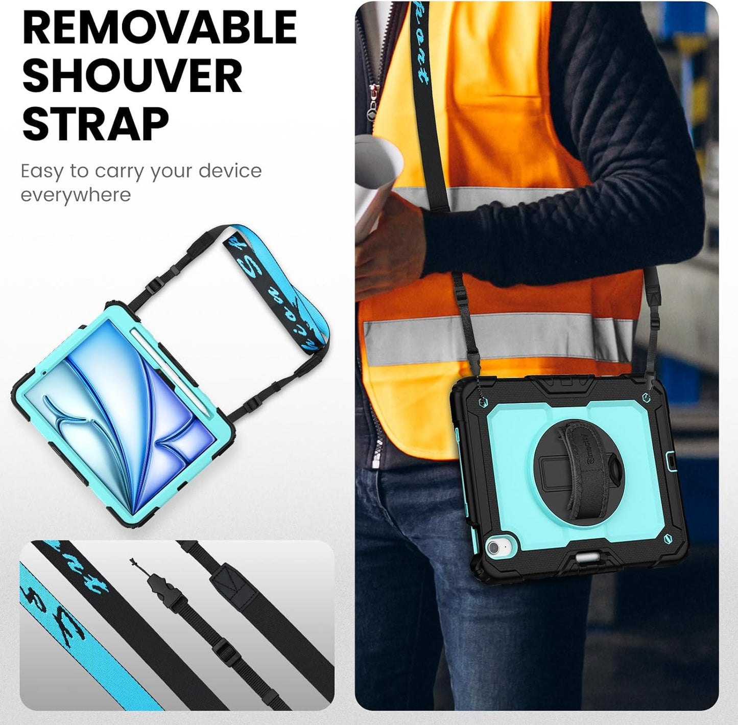 timecity Case for iPad Air 11 Inch M3/ M2 (2025/2024), 360° Rotating Stand, Pencil Holder & Wireless Charging, Shockproof with Screen Protector & Shoulder Strap - for Designers, Blue