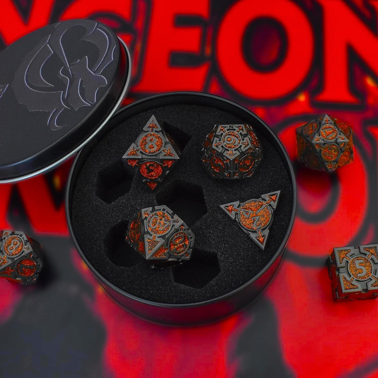 RULE DICE DND Metal Dice Set, Dungeons and Dragons D&D Dice Set, 7 die Metal DND Polyhedral Orange Dice Sets with Gift Box, MTG PRG D and D Dice for Role Playing Multiplayer Games