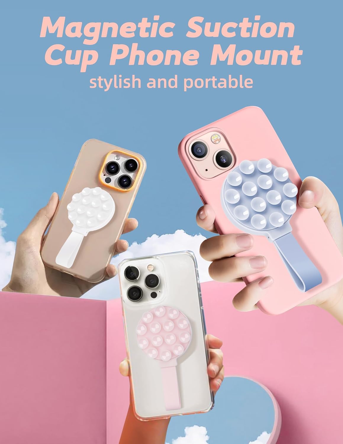 Magnetic Suction Phone Case Mount, Silicone Suction Cup Grip Stand for MagSafe Case, Hands-Free Phone Holder for iPhone 16/15/14 Pro Max, TikTok Videos, Selfies, Women Gift (Light Pink)911001A (Pink)