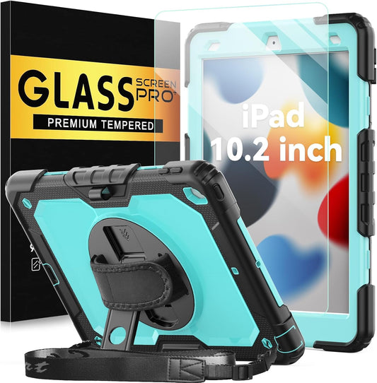 BLOSOMEET Case for iPad 9th/8th Generation 2021/2020 10.2 Inch with Tempered Glass Screen Protector & Pencil Holder,Rugged Kids iPad 7th Gen 10.2 Case 2019 Cover w/Stand Hand Shoulder Strap,SkyBlue
