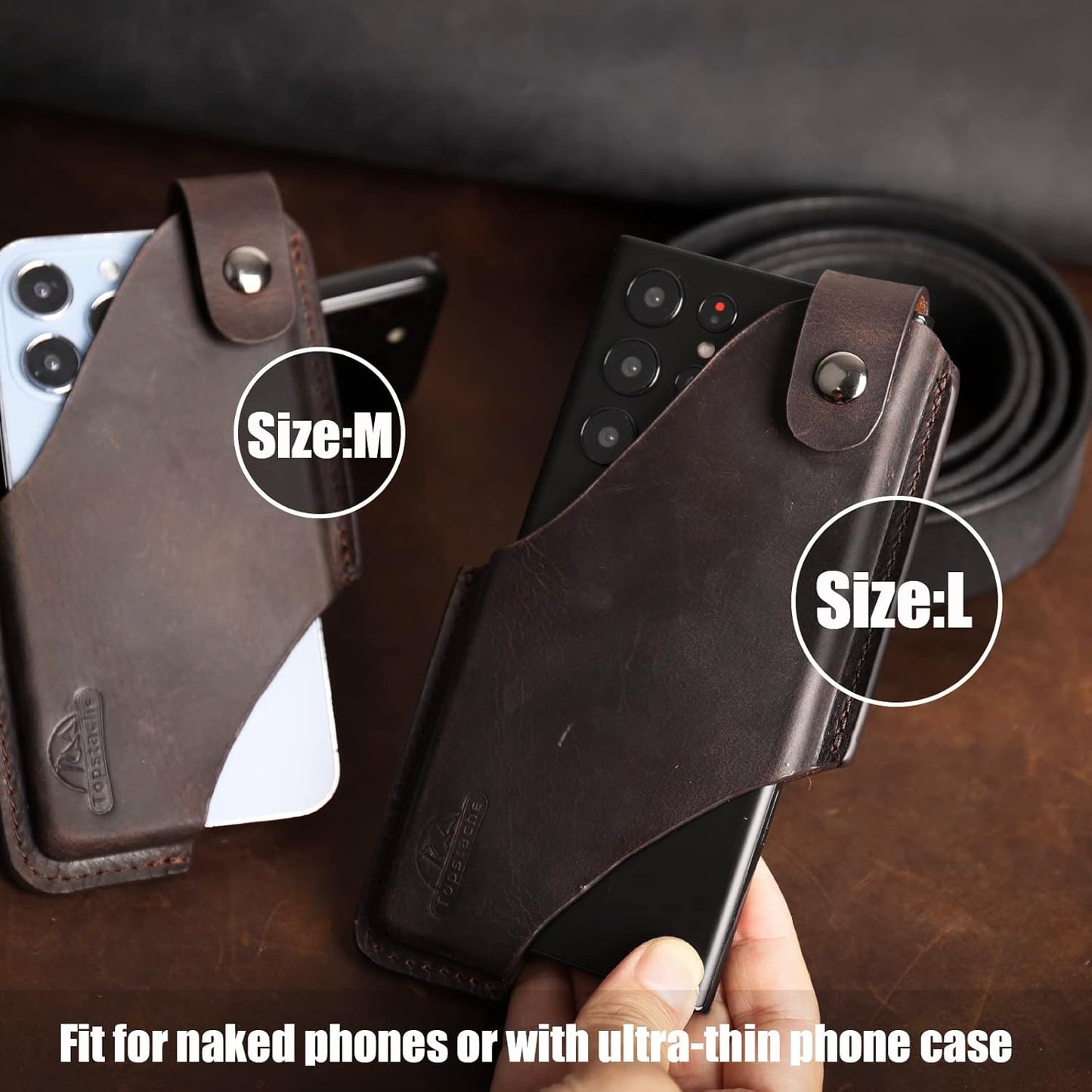 Topstache Leather Phone Holster - Magnetic Clip Case for iPhone & Samsung, Dark Brown