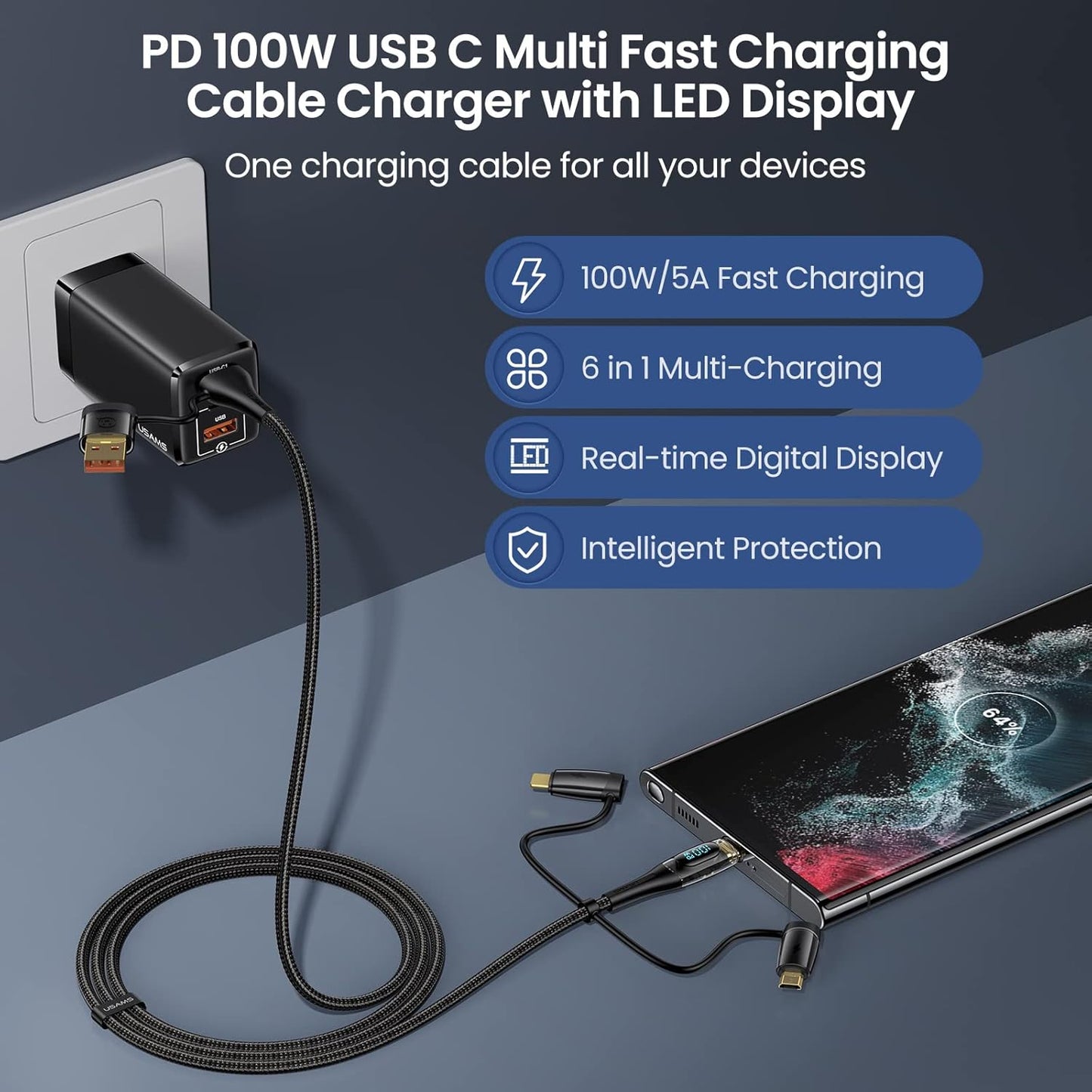 USB C to Multi Charging Cable, USAMS 100W 4FT 5A Type C to Type C Fast Charger Charging Cord with LED Display 5-in-1 C/A to C/Micro/IP Sync Charger Adapter Compatible for Laptop/Tablet/Phone