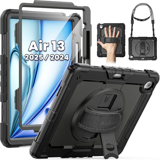 SEYMAC for iPad Air 13 Inch Case M3 2025/ M2 2024, Heavy Duty Shockproof Protective Case with Screen Protector, 360° Rotating Stand, Hand/Shoulder Strap and Pen Holder for iPad Air 13, Black