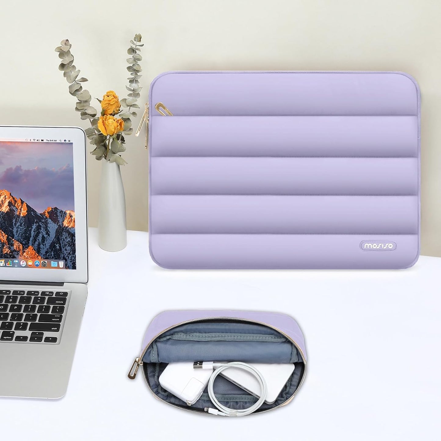 MOSISO 13.3 inch Laptop Case, 13-13.3 inch Puffy Laptop Sleeve Compatible with MacBook Air 13 13.6 M4 M3 M2 M1/Pro 13/Pro 14, HP Dell ASUS Lenovo,Polyester Horizontal Bag with Small Case, Purple