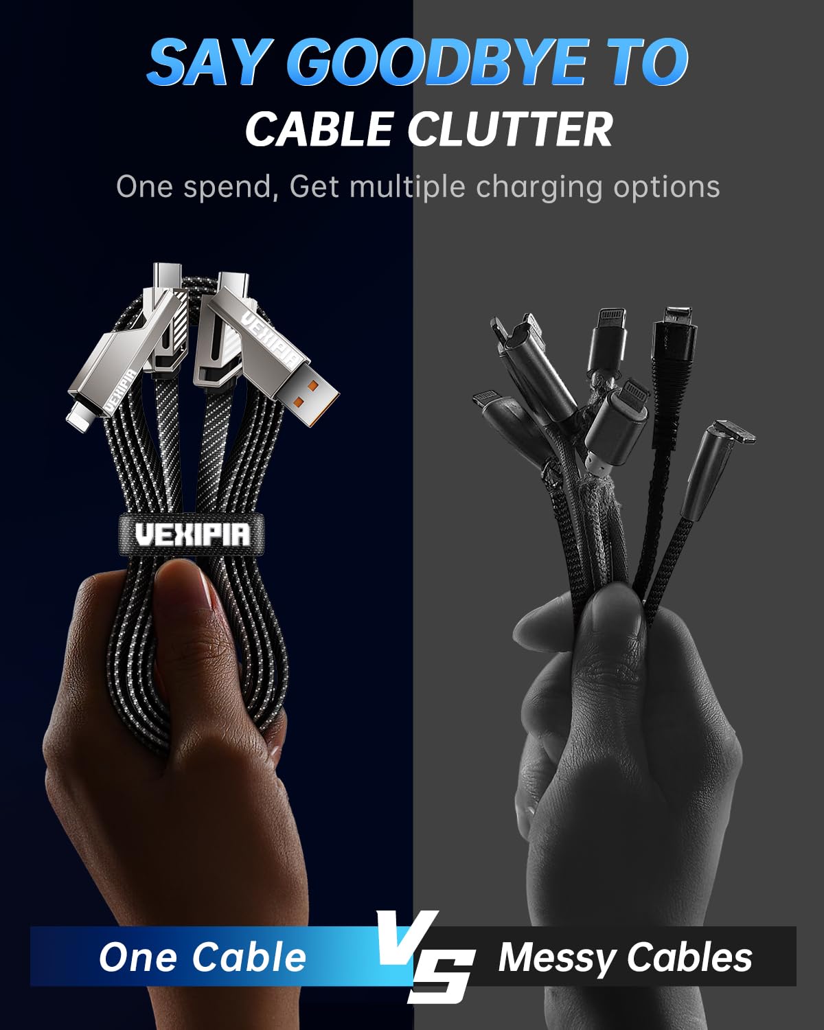 4-in-1 USB C Cable 100W 5FT Compatible with Lightning Cable [Fast Charging & Data Transfer] Flat Nylon Braided for iPhone iPad Charger Cord, Multi Charge Wire Combo with L/Type C/USB A Port