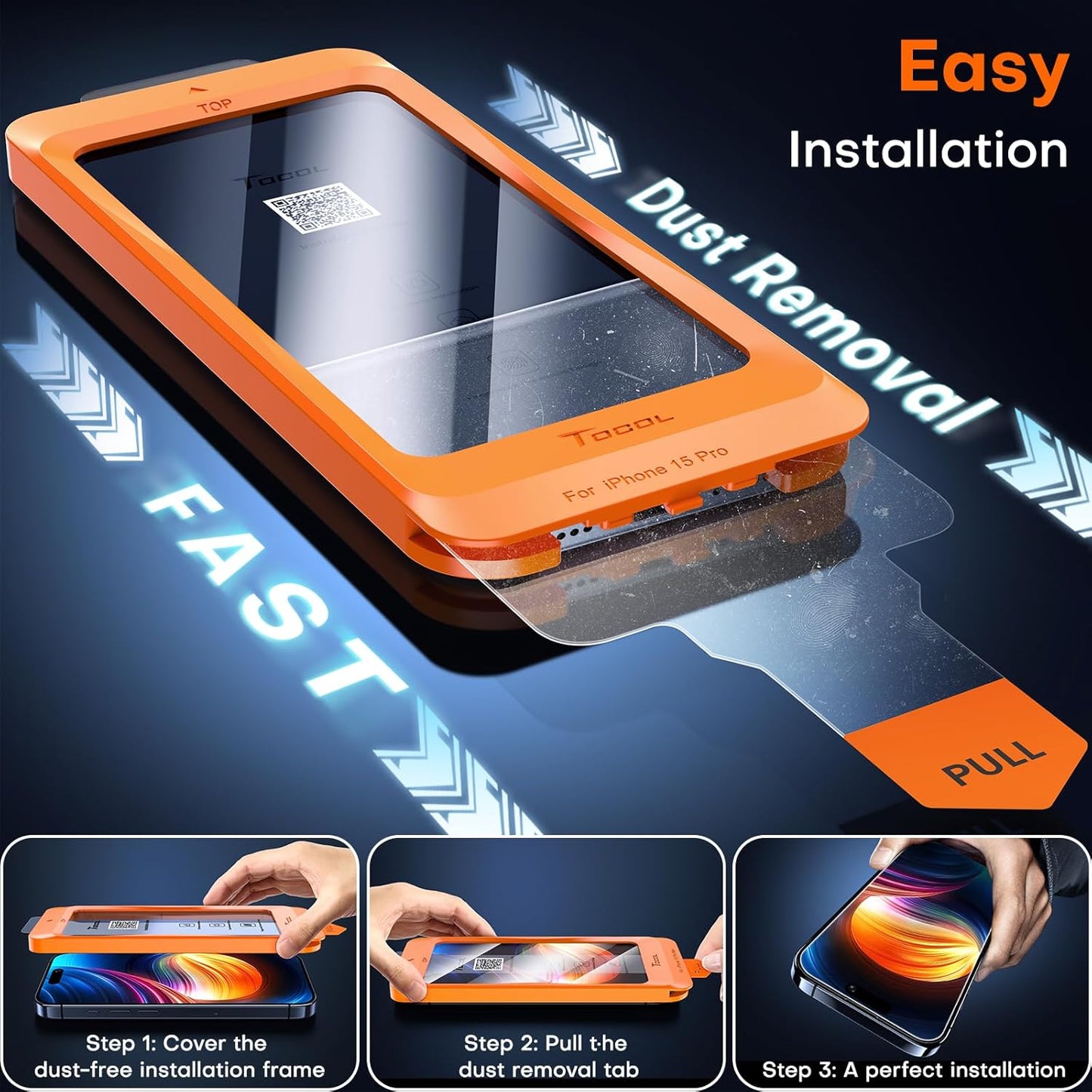 TOCOL for iPhone 15 Pro Screen Protector 9H Hardness Military Grade Shatterproof HD Tempered Glass Full Coverage Easy Installation Case Friendly 2 Pack