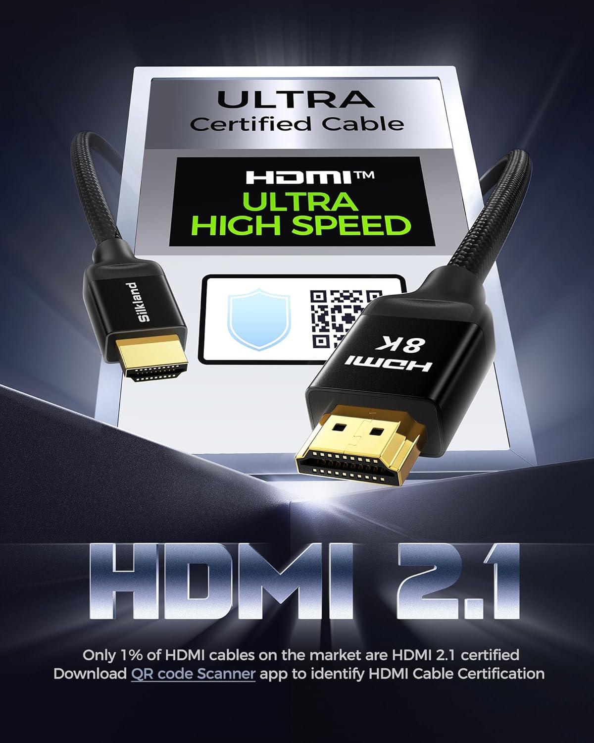Silkland 8K HDMI eARC/ARC Cable 2.1, 3.3FT Certified Ultra High Speed HDMI® Cable [8K@60Hz, 4K@120Hz] Dolby Atmos Vision, 48Gbps, HDR, HDCP Compatible for Samsung/Vizio/SoundBar/Roku TV/BluRay
