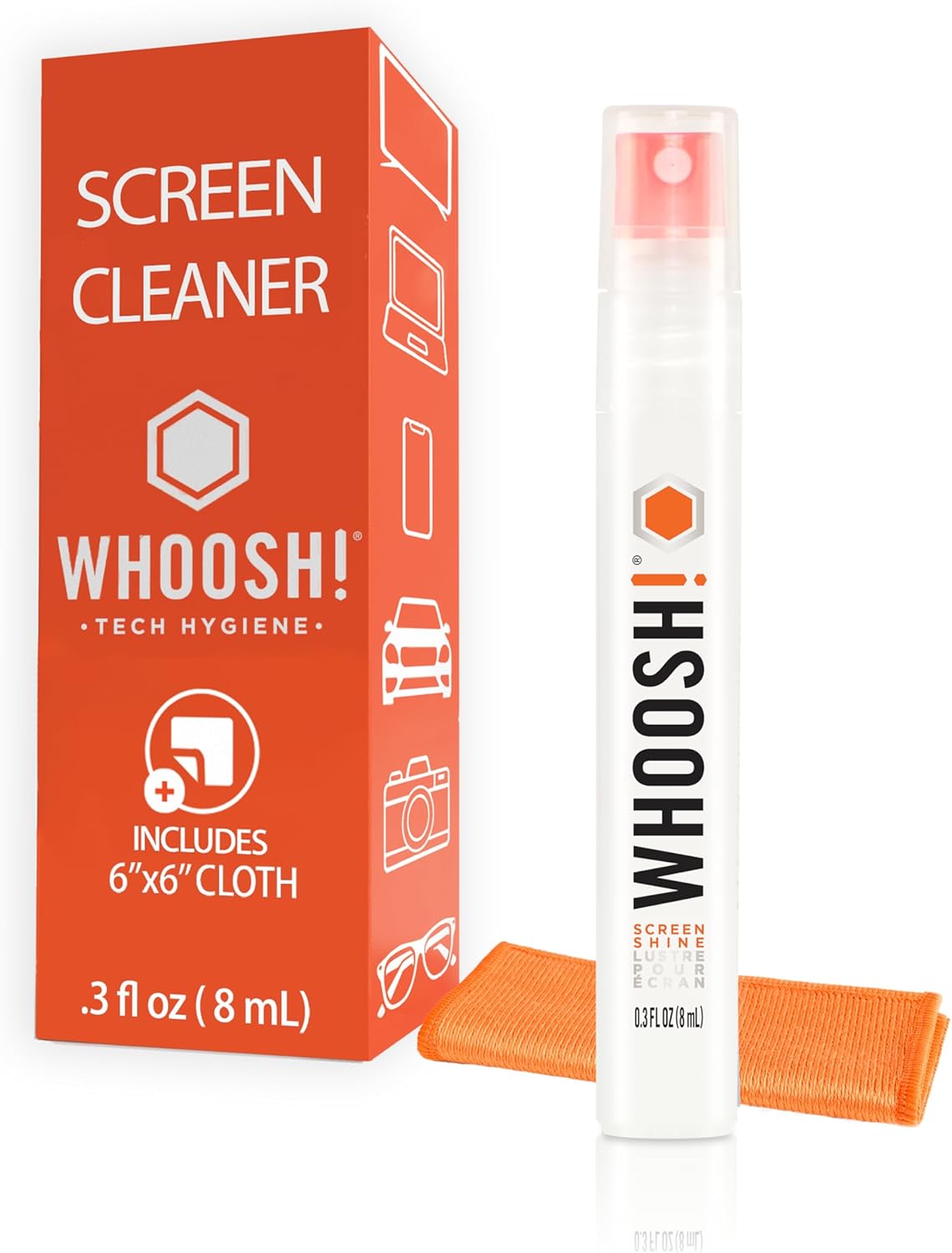 WHOOSH! Screen Shine Pocket 0.3 fl oz – Powerful Computer Screen Cleaner for Car, Laptop, Phone & Eyeglasses – Streak-Free Screen Cleaner Spray and Wipe, Sleek Leak-Free Bottle with Microfiber Cloth