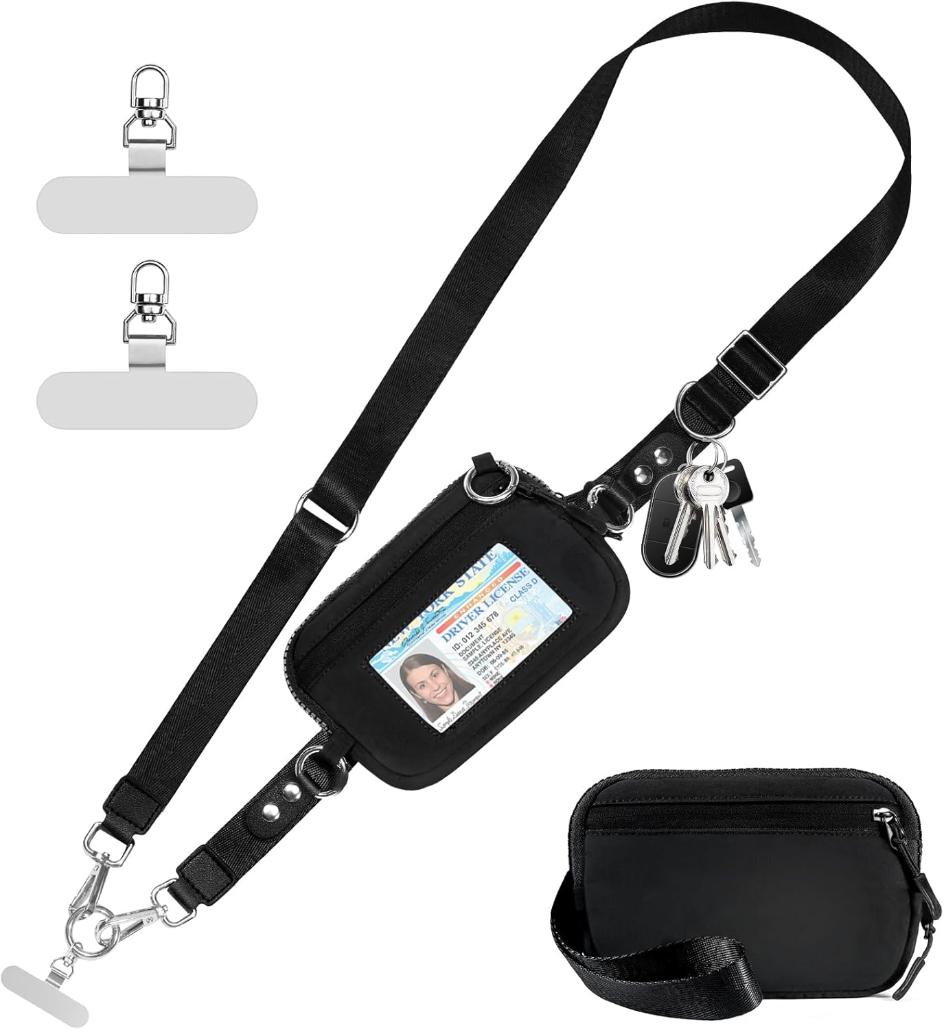 Clip and Go Strap for Phone with Wallet Crossbody Phone Lanyard Adjustable and Detachable RFID Wristlet Wallet with ID Window and Zipper, Black