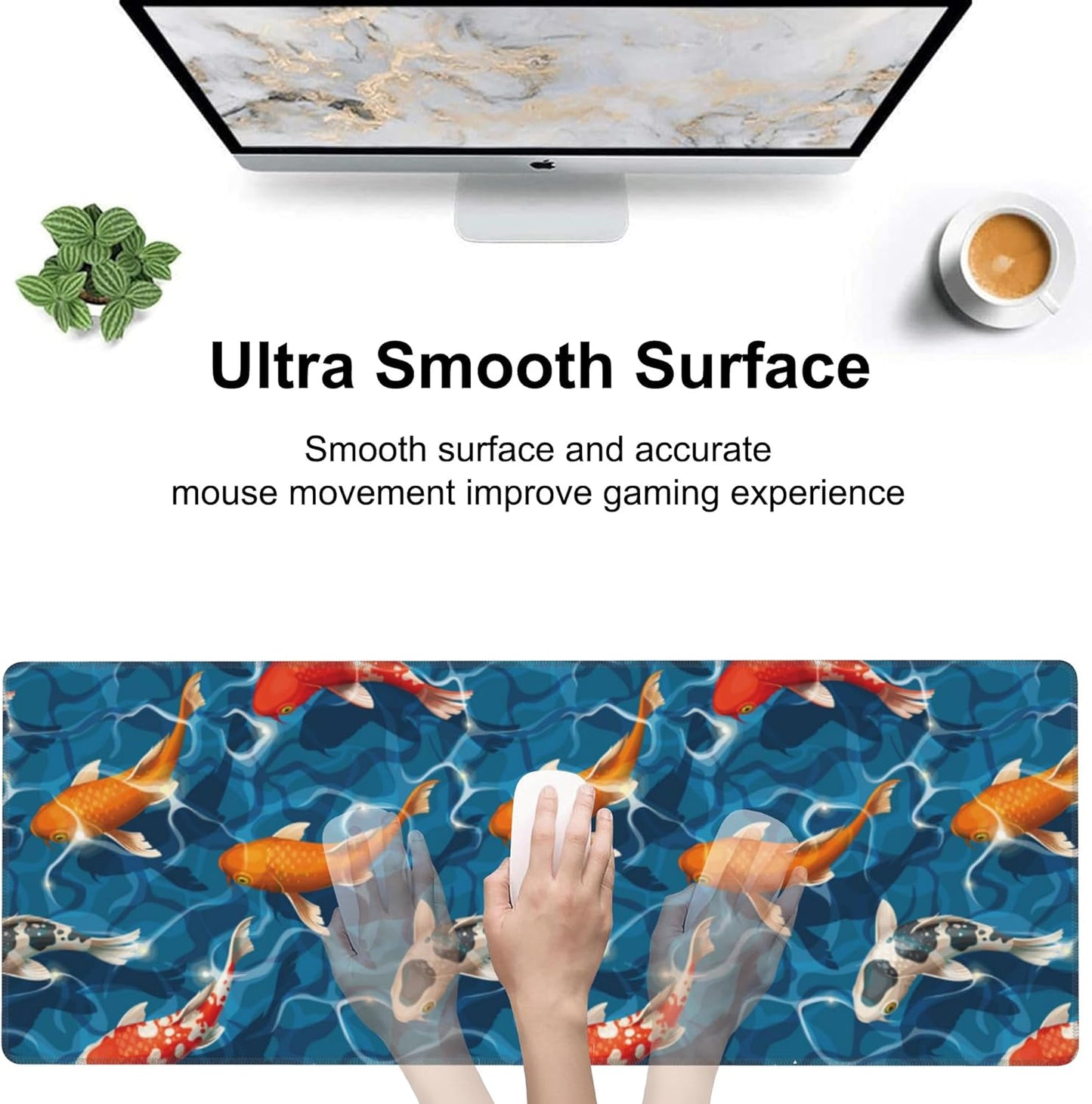Koi Carps Desk Mat,Large Swimming Koi Fish Gaming Keyboard Mouse Pad,Non-Slip Rubber Base Desk Pad Thick Stitched Edges Waterproof Mousepad Mouse Mat 31.5"x11.8"