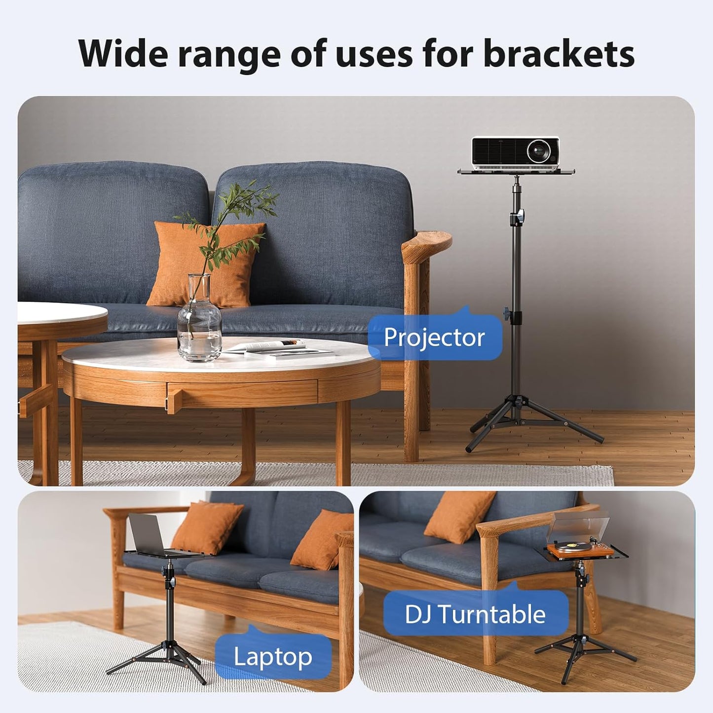 Projector Stand Tripod, Laptop Tripod Stand, Foldable Portable Projector Floor Mount, Height Adjustable from 17.7" to 45.2", with Folding Plate, Capacity 22lb, for Outdoor Movies, Home, Office