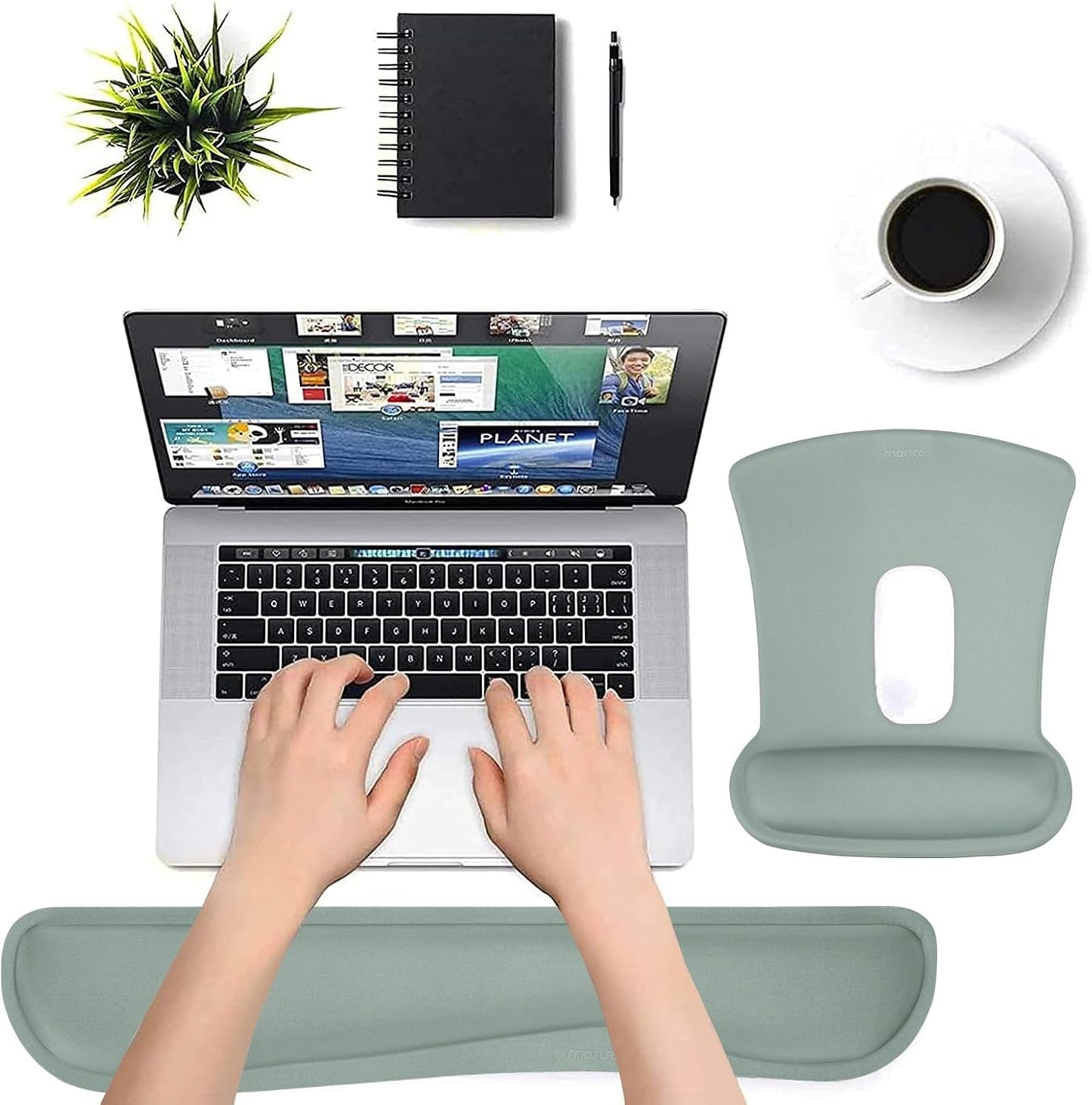 MOSISO Wrist Rest Support for Mouse Pad & Keyboard Set, Ergonomic Mousepad Non-Slip Base Home/Office Pain Relief & Easy Typing Cushion with Neoprene Cloth & Raised Memory Foam, Antique Green