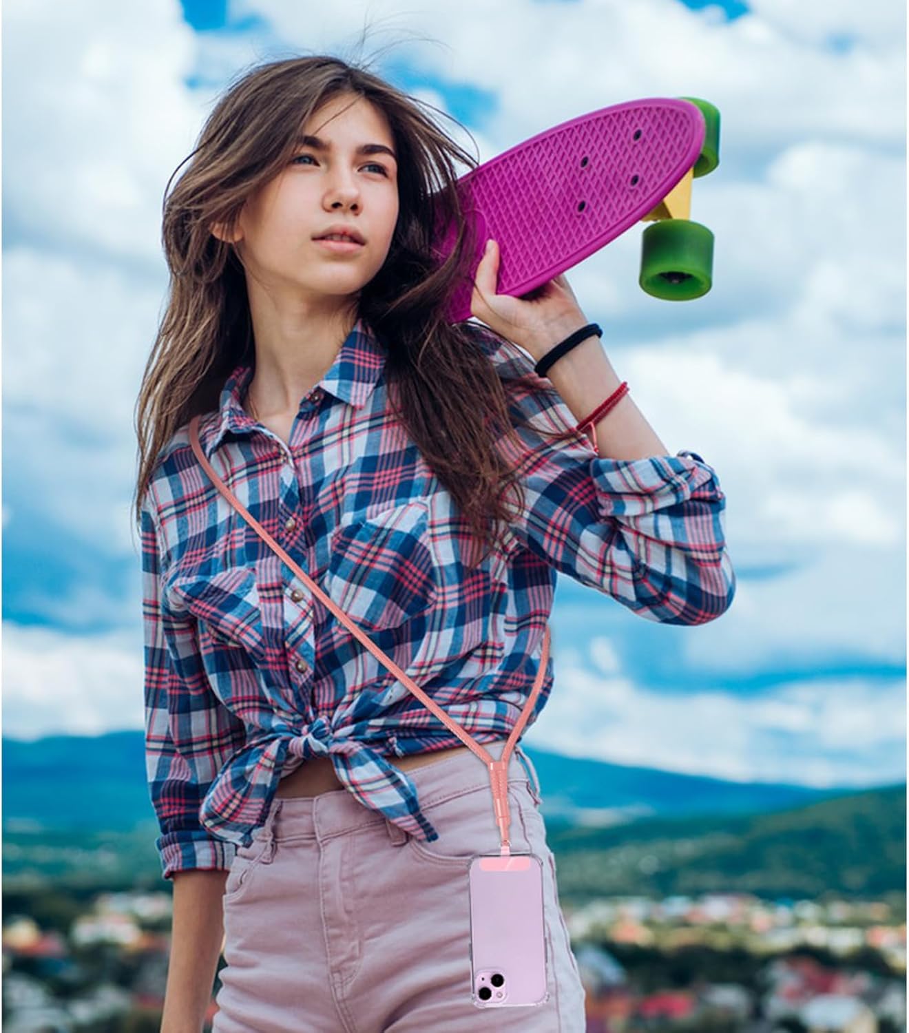 2 Pack Phone Lanyard,2×Phone crossbody strap,4×Tether Tabs,Universal Cell Phone Multifuctional Patch Polyester Lanyards,Cell Phone Lanyards for Women and Men(pink+green)