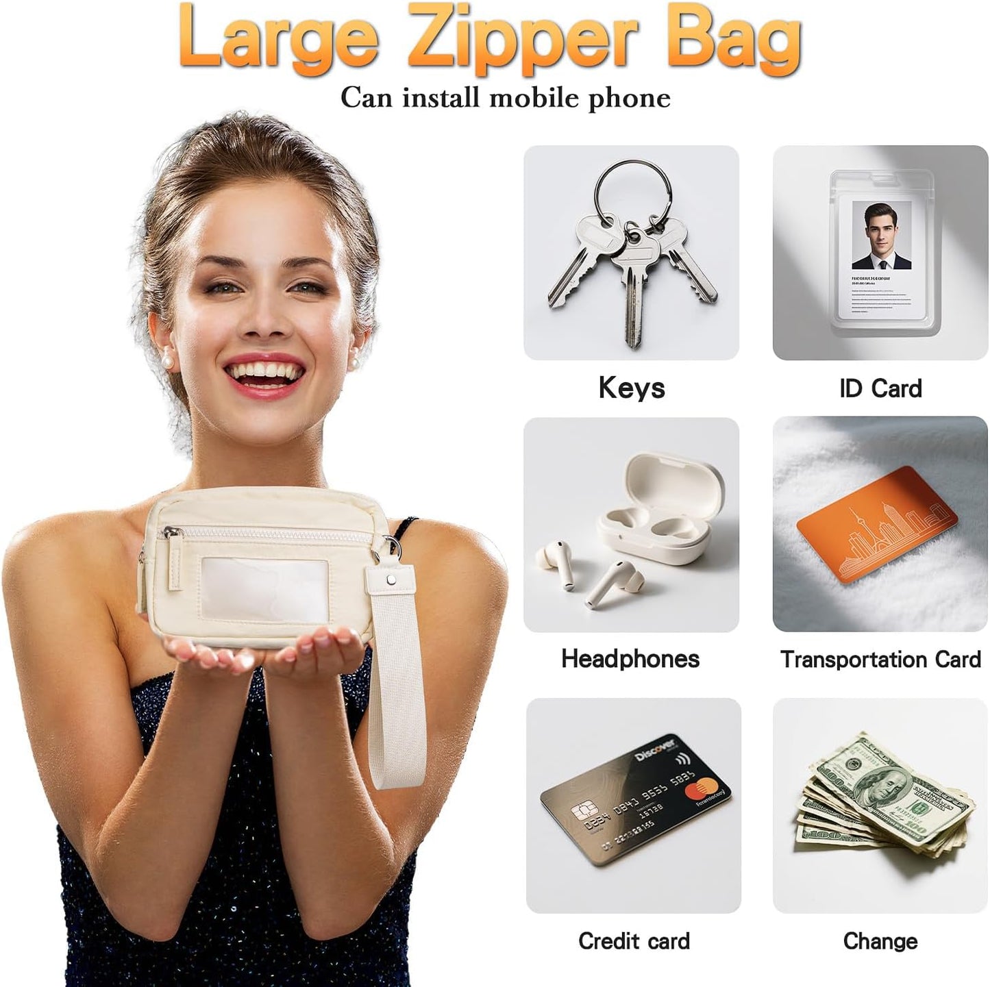 kullder Save Girls Phone Lanyard with Wallet, 2 Pcs-Clip & Go Phone Strap Crossbody with Zippered Pouch & Wrist Lanyard-1 Pad, Universal Cellphone Strap Adjustable Neck Crossbody for Women (Beige)