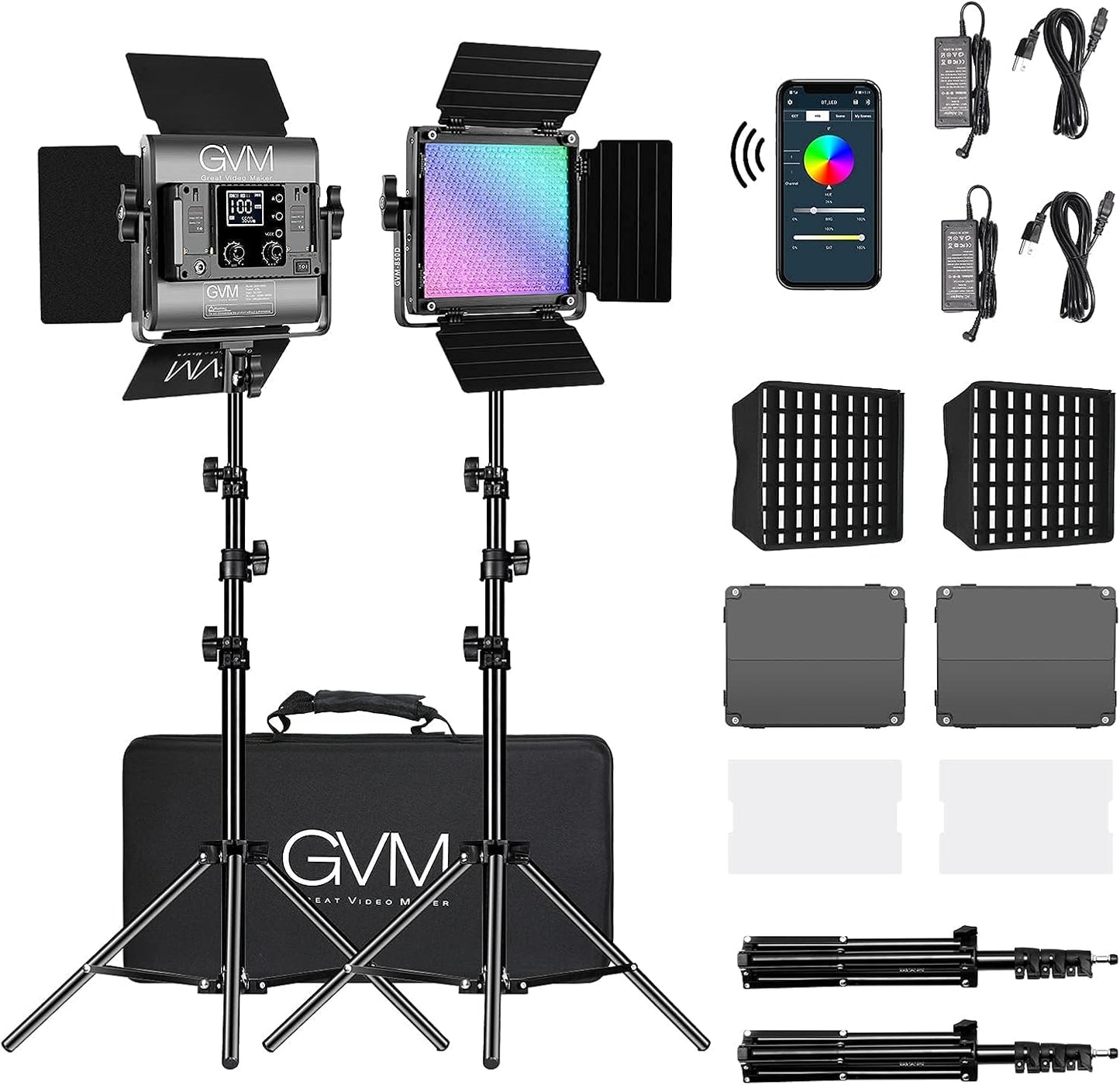 GVM 850D RGB LED Video Lights with 2 Softboxes Stand, 360 ° Full Color Video Lighting Panel with App Control,2 Packs Photography Lighting Kit 40W CRI 97+ for Web Conference, YouTube, Studio, Zoom
