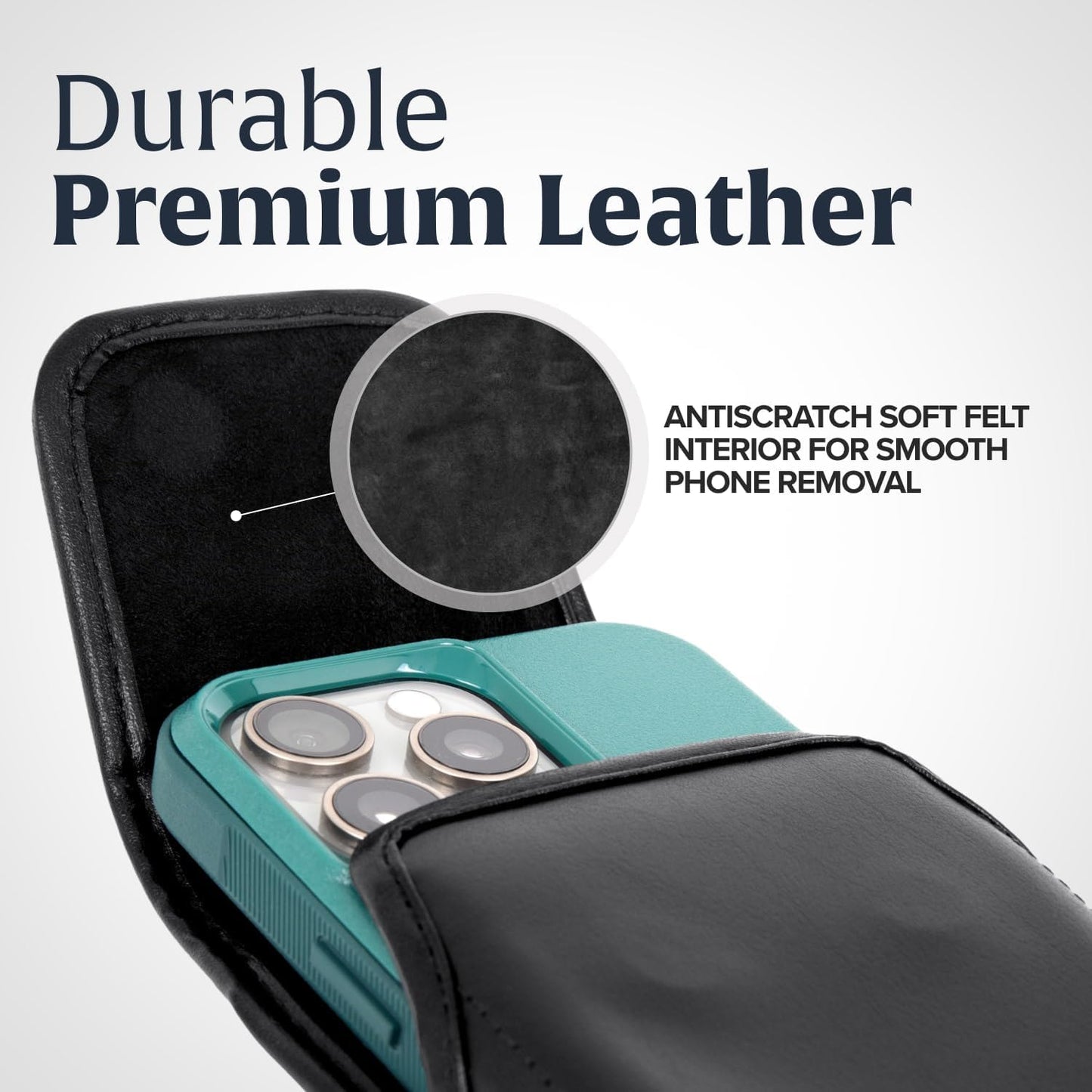 Turtleback Belt Clip for iPhone 16 Pro, 16e, 15 pro 14 Pro 13 Pro -Medium- Fits w/Shockproof Commuter Style Cases, Premium Black Leather, Vertical Belt Holder, Magnetic Closure HD Rotating Clip