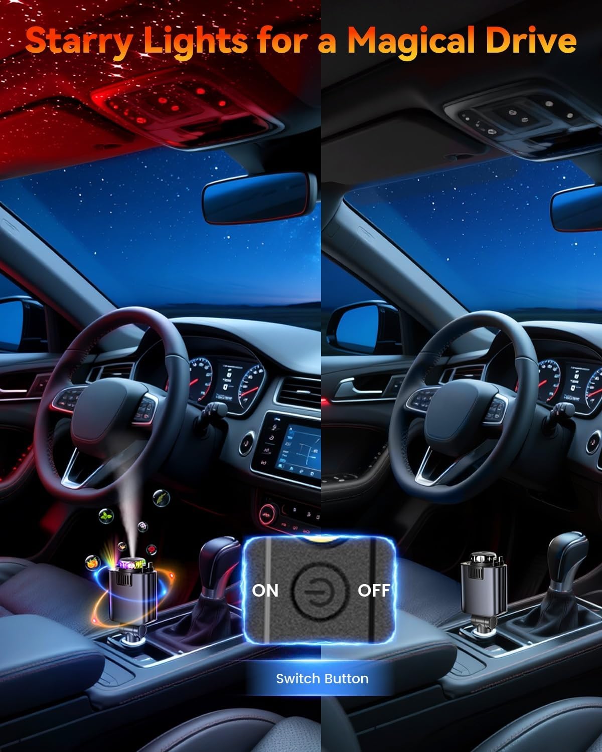 Retractable Car Charger with Air Freshener Diffuser & Star Lights,Multi Port Cigarette Lighter Adapter for iPhone Car Phone Charger USB-C/Type-C Fast Charging with 2 Retractable Cable (Black)