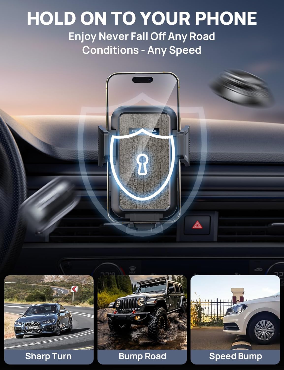 [2025 New] Dashboard Phone Holders for Your Car (+Vent Hook)[Military Grade Stable] Car Cell Phone Holder, Non-Slip Silicone Carbon Fiber Car Phone Mount, Rotatable Suction Cup for All Phone, Gray