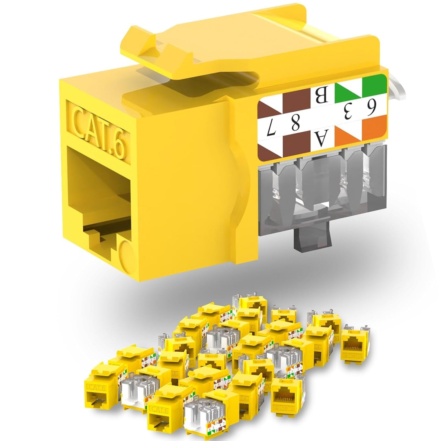 Keystone Jack Cat6 Slim 25 Pack, Cat6 Keystone Jacks 90 Degree, RJ45 Keystone Jack Punch Down Yellow, Cat Jack compatiable for Network WallPlate or Patch Panels