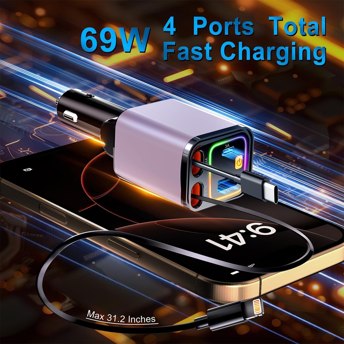 [2025 Mirco-Version] 4 in 1 Retractable Car Charger,69W Car Charger USB C,Cigarette Lighter Adapter,Fast Charging for iPhone 16e/16/15/14,13,Android (Pink, for Lightning+USB-C)