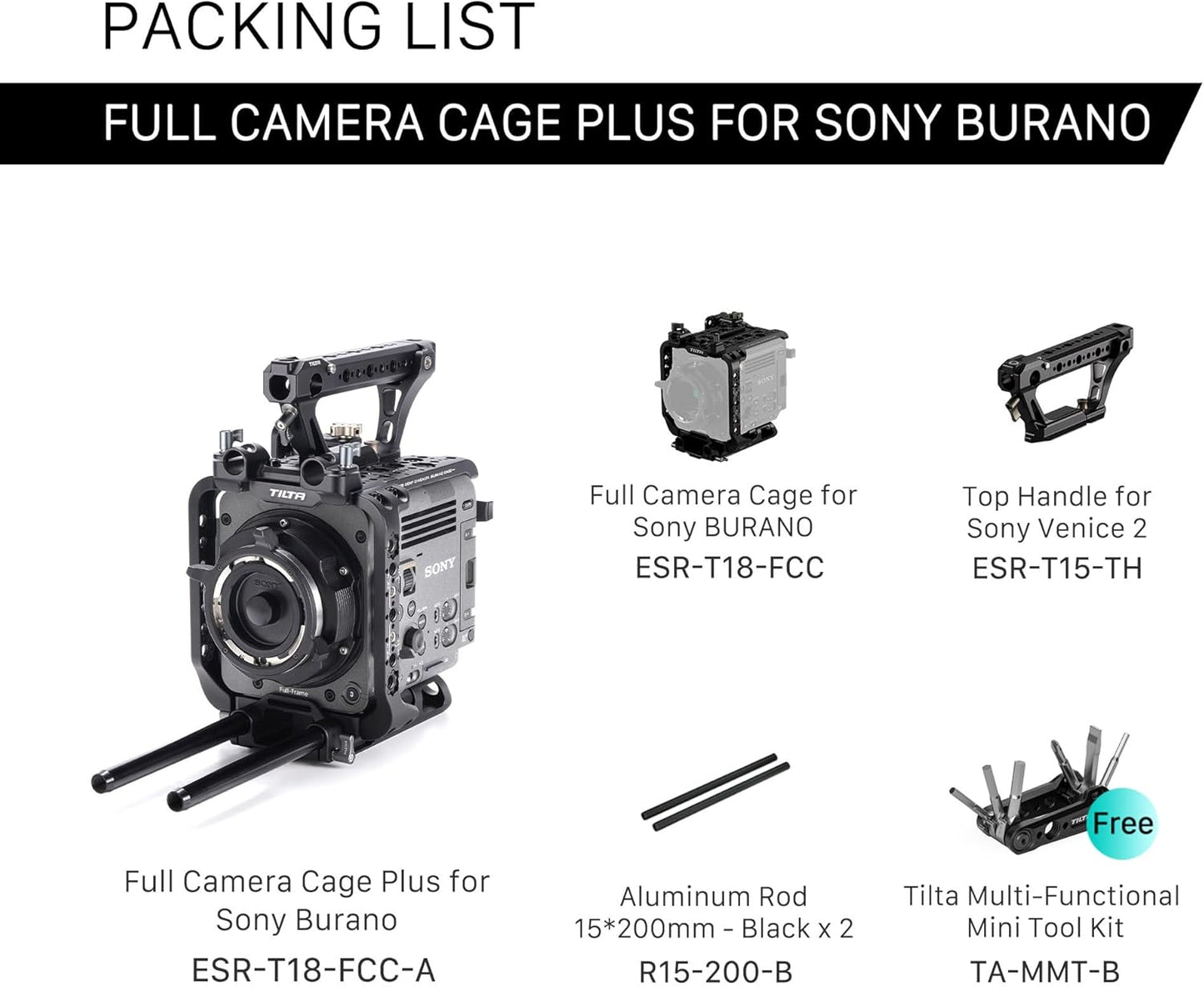 Tilta Camera Cage Compatible with Sony BURANO | Arri Rosettes, 1/4"-20 and 3/8"-16 Threads | w/Top Handle, Left/Right Side Arm, Battery Plate (Full Camera Cage)