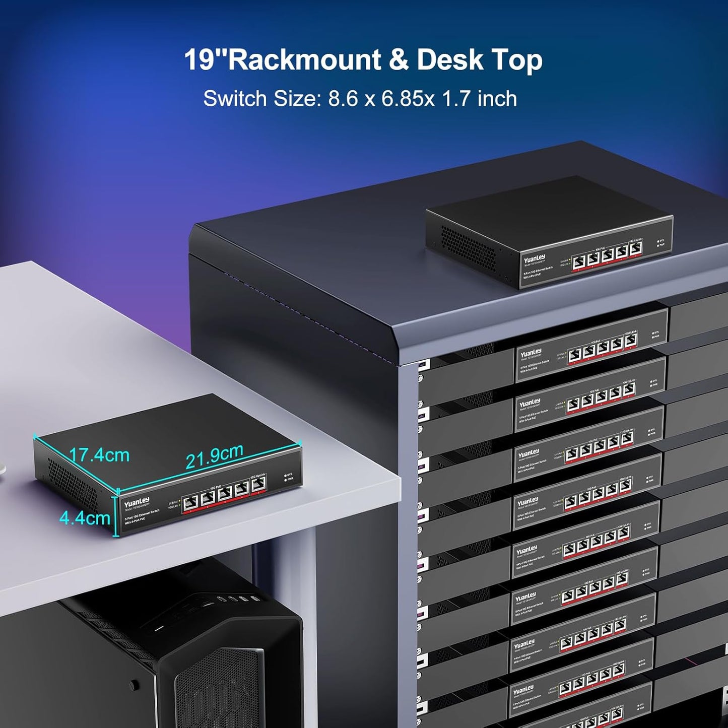 YuanLey 5-Port 10G PoE Switch Unmanaged with 4-Port PoE, 4 x 10G Base-T RJ45 Ports, 1 x UpLink, IEEE802.3af/at, 65W Built-in Power, Compatible with 1G/2.5G/5G/10G, Rackmount 10Gbe Network Switch