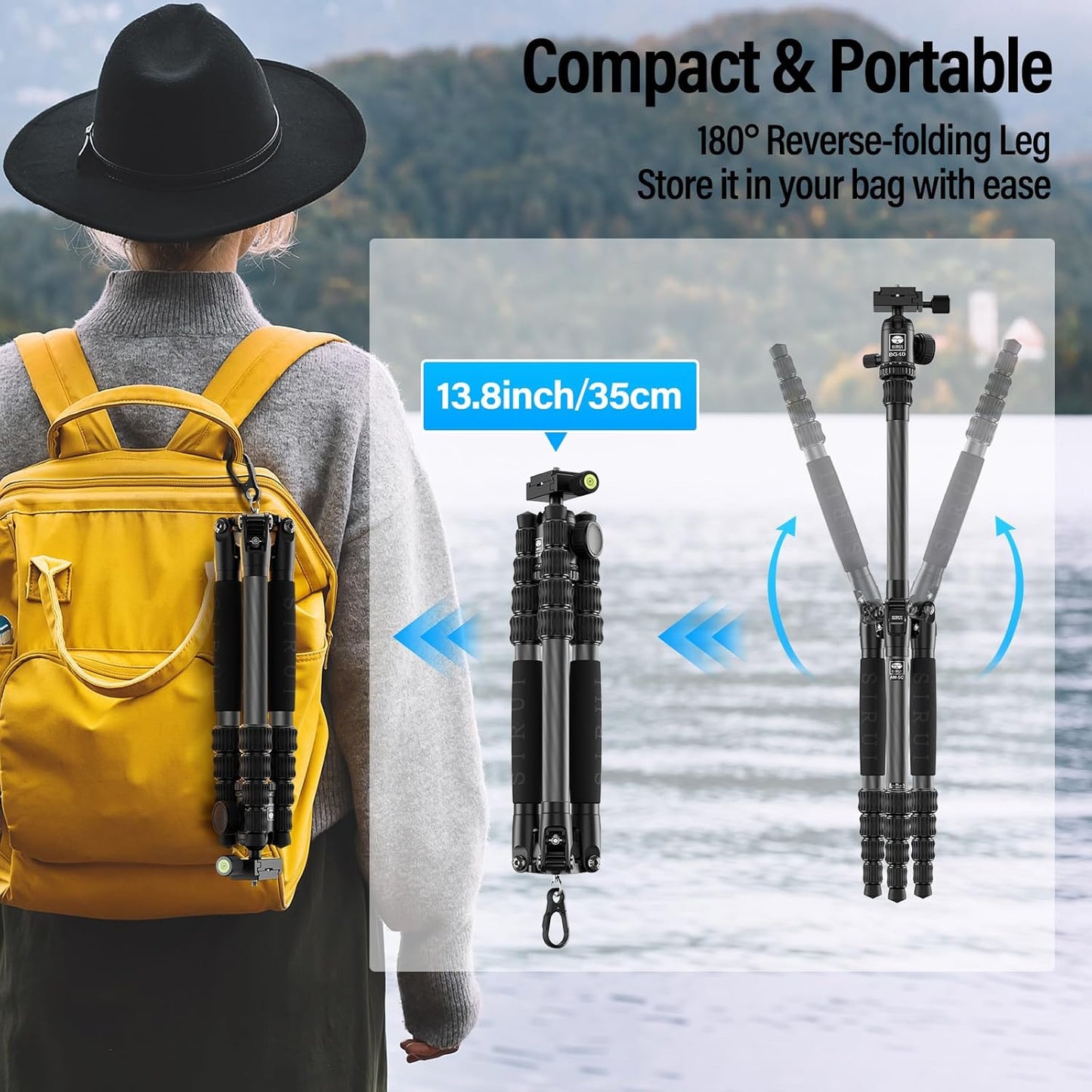 SIRUI Lightweight Carbon Fiber Travel Tripod, 6kg Load Capacity Compact Camera Support with Carry Bag, Portable for DSLR Mirrorless Cameras, Max Height 54" for Hiking Vacation Vlogging