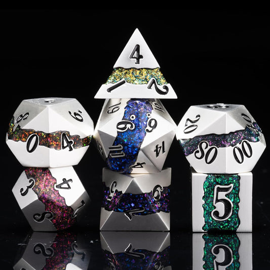 Polyhedral Metal Dice Set,7pcs Set Glitter Stripe DND Dice with Gift Box for RPG