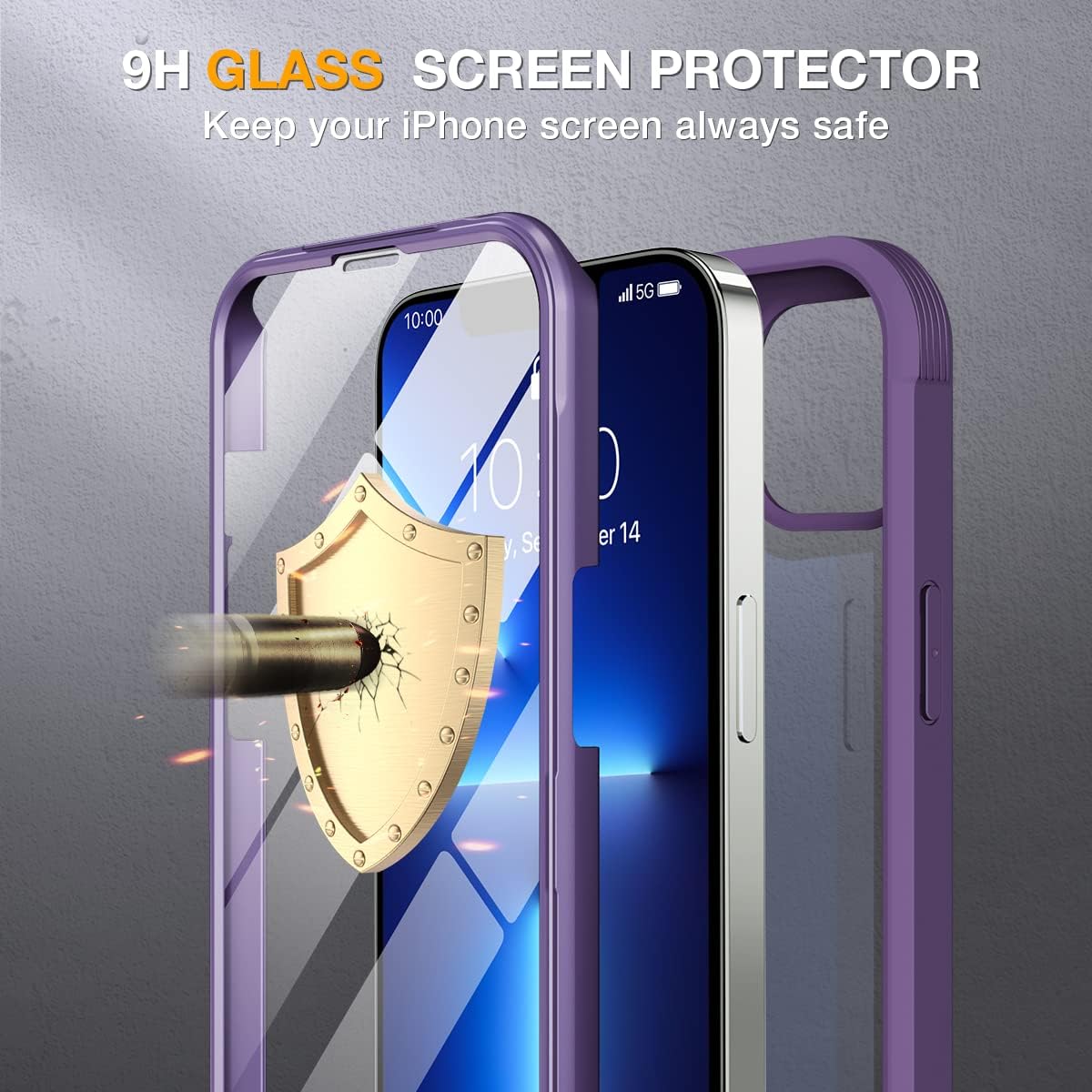 Miracase Glass Case for iPhone 13 Pro Max 6.7 inch, Upgrade Full-Body Clear Bumper Case with Built-in 9H Tempered Glass Screen Protector for iPhone 13 Pro Max, Purple